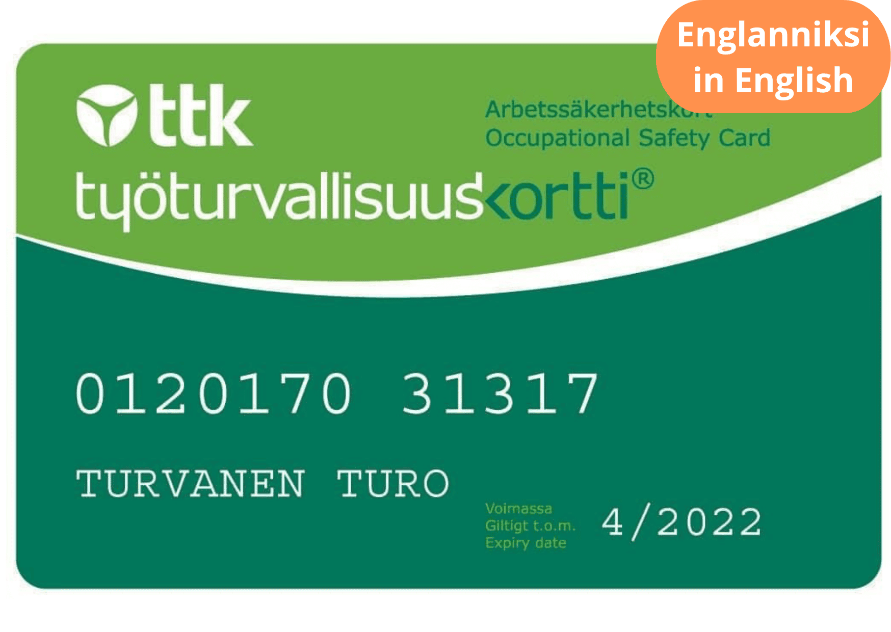 Työturvallisuuskortti englanniksi